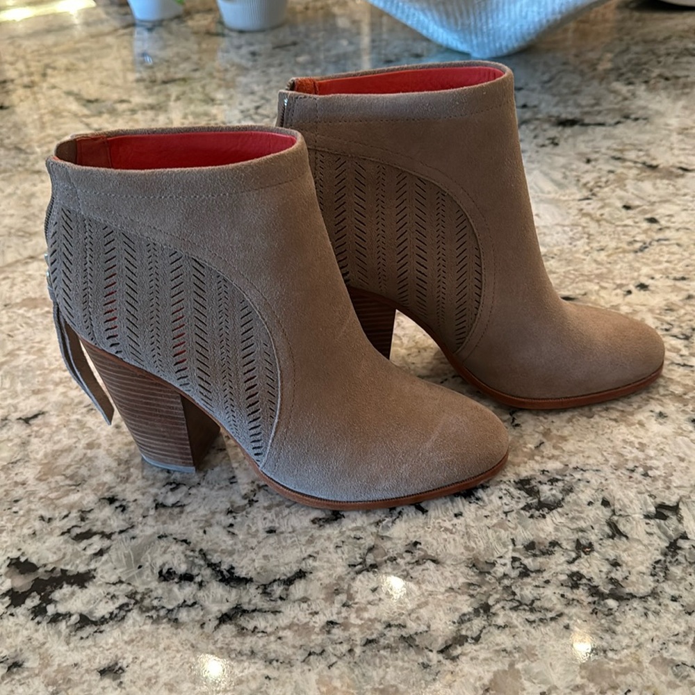 Coach Taupe Suede Ankle Booties with Red Lining